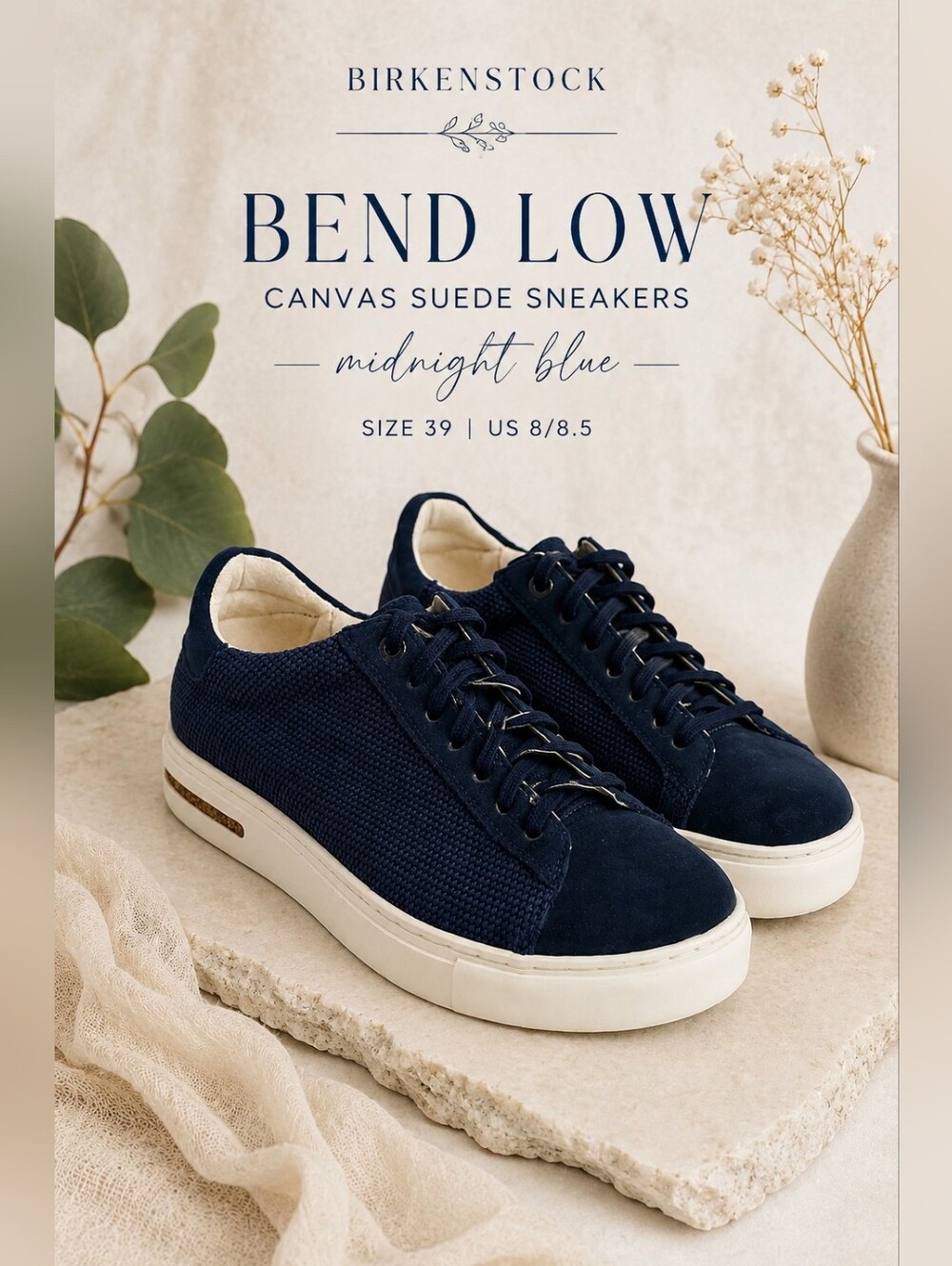 Birkenstock Bend Low Sneakers  Midnight Blue Canvas Suede Shoes EU 39 US 8 8.5